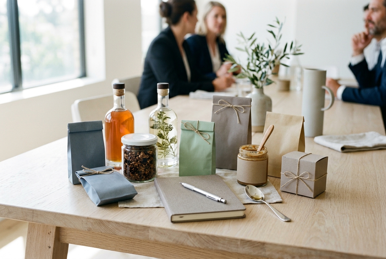 An emerging food brand's products arranged on a bright tasting table for an operator review